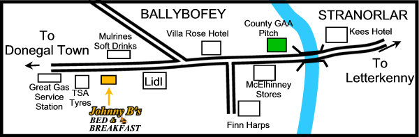 Map of how to find Johnny B's B&B in Ballybofey between Donegal Town and Stranorlar, Co. Donegal, Ireland